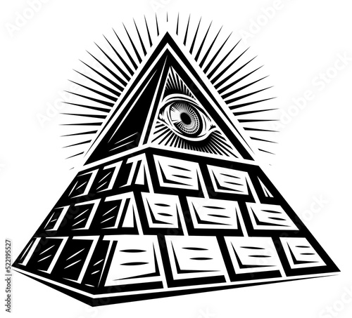 Stylized brick pyramid of Masons with an all-seeing eye. Vector monochrome illustration. White background