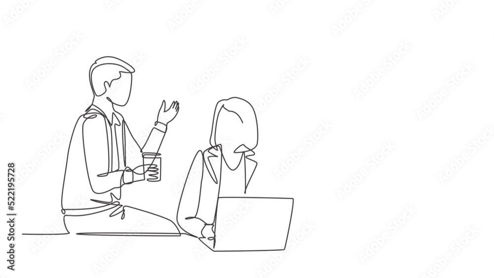 Animation of one single line drawing of young male and female human resource managers discussing about recruiting new team member workers. Continuous line self draw animated. Full length motion. Animation of one single line drawing of young male and female human resource managers discussing about recruiting new team member workers. Continuous line self draw animated. Full length motion.