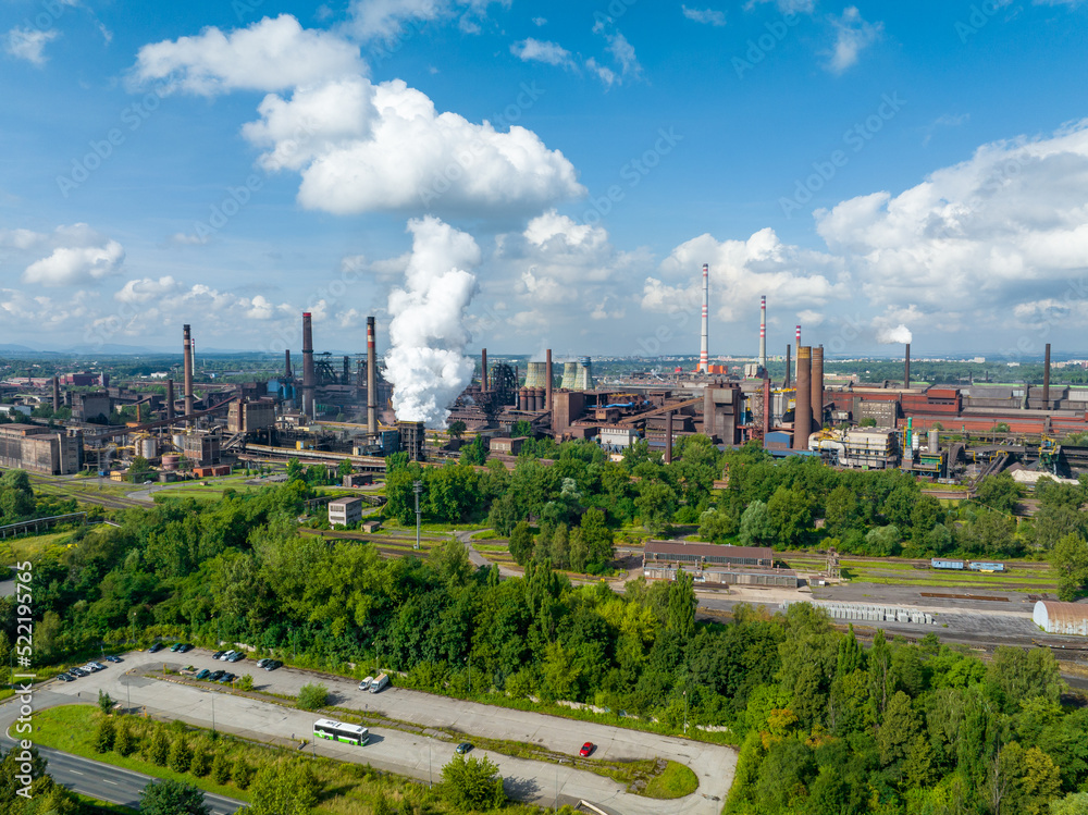 Industrial metallurgical plant in Ostrava (Czech Republic) Industrial zone, coal power plant. Aerial view. 