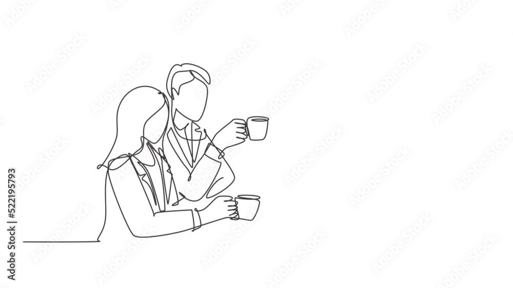 Animated self drawing of continuous line draw businessman and businesswoman doing business meeting at restaurant, holding a cup of coffee. Business talk concept. Full length single line animation. Animated self drawing of continuous line draw businessman and businesswoman doing business meeting at restaurant, holding a cup of coffee. Business talk concept. Full length single line animation.