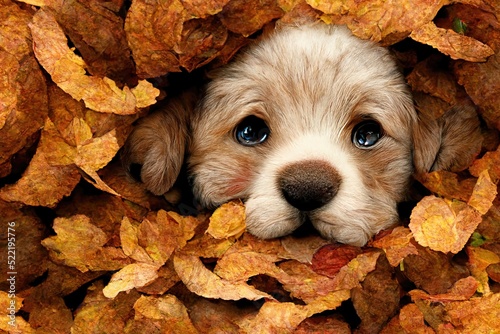 Puppy playing in a pile of autumn leaves