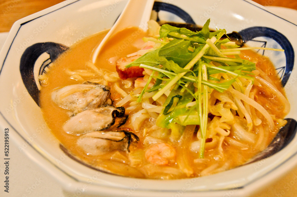 Famous Nagasaki Miso Champon oyster noodle with seafood broth soup served hot for lunch Famous Nagasaki Miso Champon oyster noodle with seafood broth soup served hot for lunch