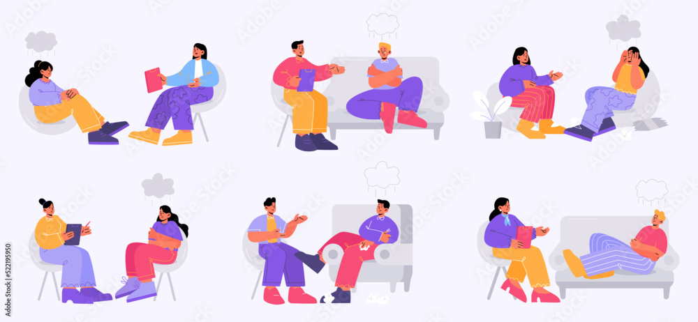 Depressed people sitting on couch at psychologist appointment for professional Psychological help. Doctor, specialist character talking with patient about mind health problem. Line art flat vector set