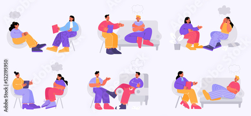 Depressed people sitting on couch at psychologist appointment for professional Psychological help. Doctor, specialist character talking with patient about mind health problem. Line art flat vector set