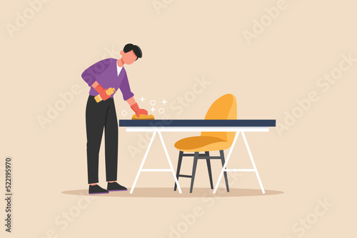 Office boy wiping table in office. Cleaning service concept. Colored flat graphic vector illustration isolated.