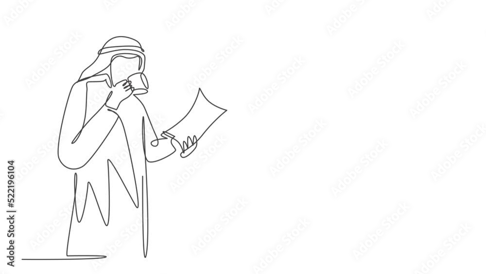 Animated self drawing of continuous line draw young muslim businessman reading business annual report. Saudi Arabian male with shmag, kandora, headscarf, thobe, ghutra. Full length one line animation. Animated self drawing of continuous line draw young muslim businessman reading business annual report. Saudi Arabian male with shmag, kandora, headscarf, thobe, ghutra. Full length one line animation.
