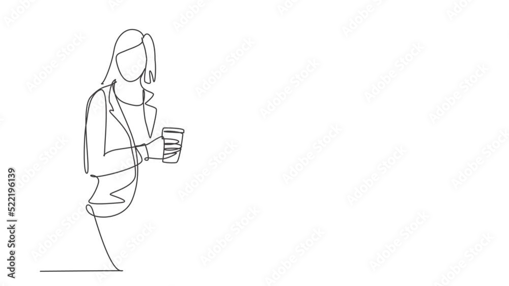 Animated self drawing of one continuous line draw young female marketing manager discuss sales strategy on phone while holding a cup of coffee. Drinking tea concept full length single line animation. Animated self drawing of one continuous line draw young female marketing manager discuss sales strategy on phone while holding a cup of coffee. Drinking tea concept full length single line animation.