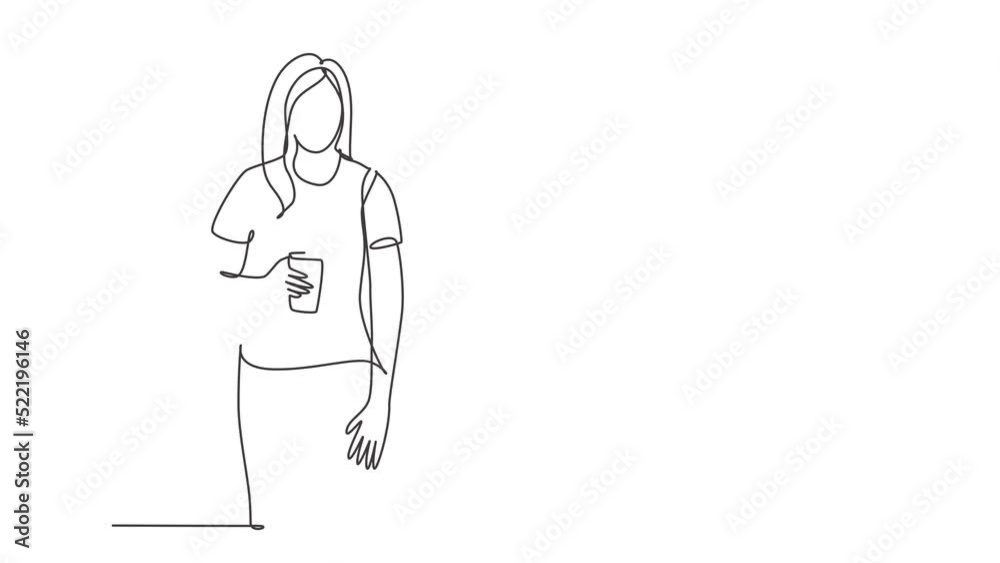 Animation of one line drawing of female college student standing wearing casual shirt holding a paper cup of coffee drink. Drinking tea concept continuous line self draw animated. Full length motion. Animation of one line drawing of female college student standing wearing casual shirt holding a paper cup of coffee drink. Drinking tea concept continuous line self draw animated. Full length motion.
