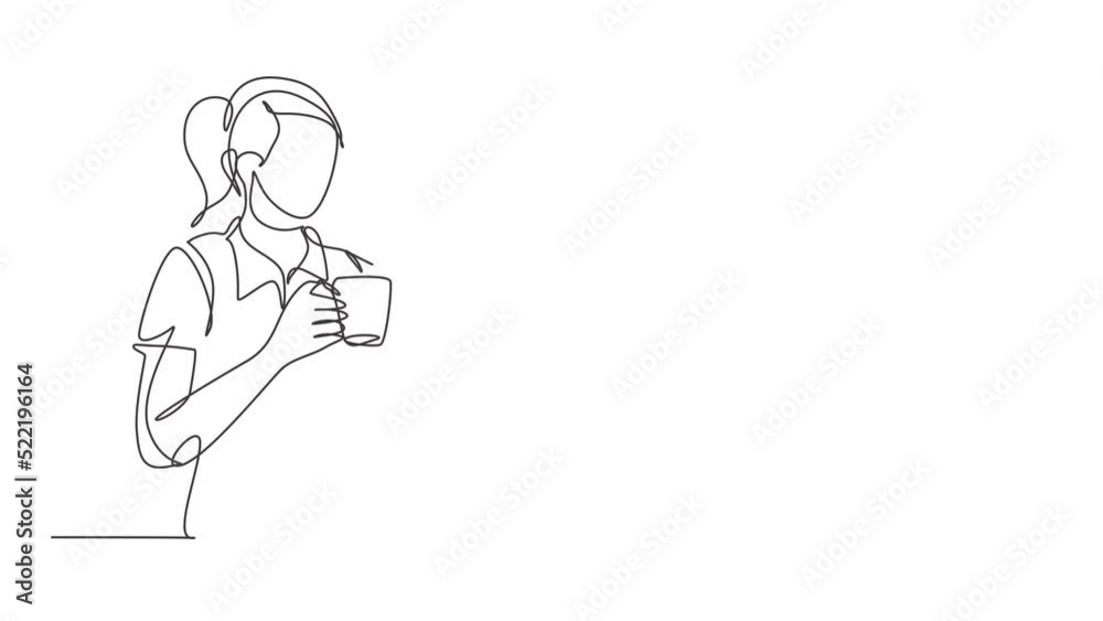 Animated self drawing of single continuous line draw young female employee calling her partner on the phone while holding a cup of coffee drink. Drinking tea concept full length one line animation. Animated self drawing of single continuous line draw young female employee calling her partner on the phone while holding a cup of coffee drink. Drinking tea concept full length one line animation.