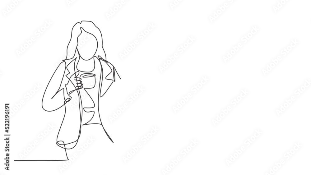 Animated self drawing of one continuous line draw young female marketing manager in casual reading newspaper while holding a cup of coffee drink. Drinking tea concept full length single line animation Animated self drawing of one continuous line draw young female marketing manager in casual reading newspaper while holding a cup of coffee drink. Drinking tea concept full length single line animation