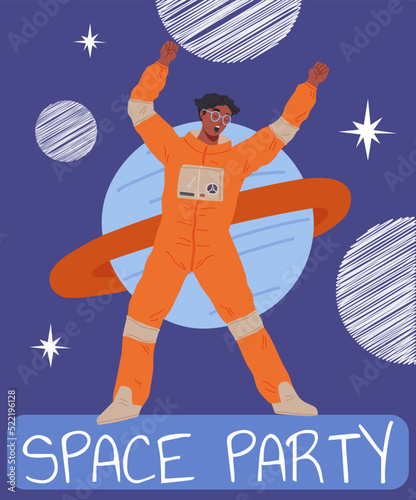 Astronaut travels in intergalactic space. Man in space suit flies in solar system. Fantastic transport of explorer in space. Spaceman flying among planets and stars. Space party banner concept