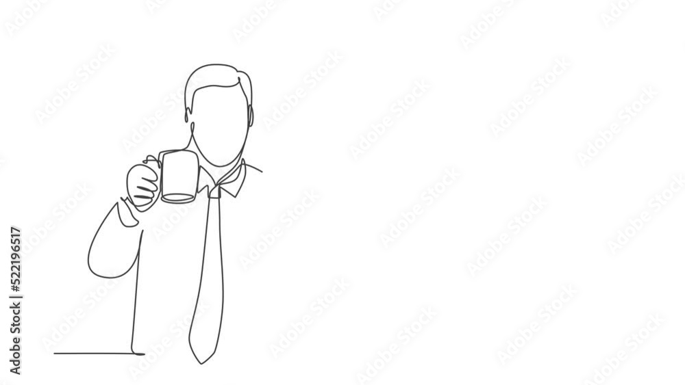 Animated self drawing of continuous line draw young happy attractive business man showing a mug of good taste black dark coffee. Drinking tea concept. Full length single line animation illustration.