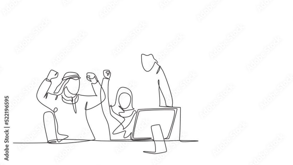 Animated self drawing of continuous line draw male and female muslim managers celebrate their target achievement. Islamic clothing shemag, hijab, scarf, keffiyeh. Full length single line animation. Animated self drawing of continuous line draw male and female muslim managers celebrate their target achievement. Islamic clothing shemag, hijab, scarf, keffiyeh. Full length single line animation.
