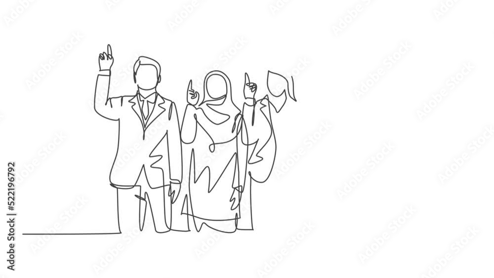 Animated self drawing of one continuous line draw male and female muslim managers pointing finger to the sky, belief in God. Islamic clothing shemag, kandura, hijab. Full length single line animation. Animated self drawing of one continuous line draw male and female muslim managers pointing finger to the sky, belief in God. Islamic clothing shemag, kandura, hijab. Full length single line animation.