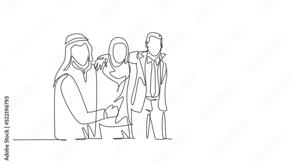 Animated self drawing of continuous line draw male and female muslim businesspeople embracing shoulder each other. Islamic clothing shemag, hijab, scarf, keffiyeh. Full length single line animation. Animated self drawing of continuous line draw male and female muslim businesspeople embracing shoulder each other. Islamic clothing shemag, hijab, scarf, keffiyeh. Full length single line animation.