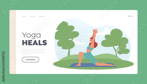 Woman Practice Outdoor Yoga Landing Page Template. Female Character Stand in Warrior Posture with Hands Up in Park