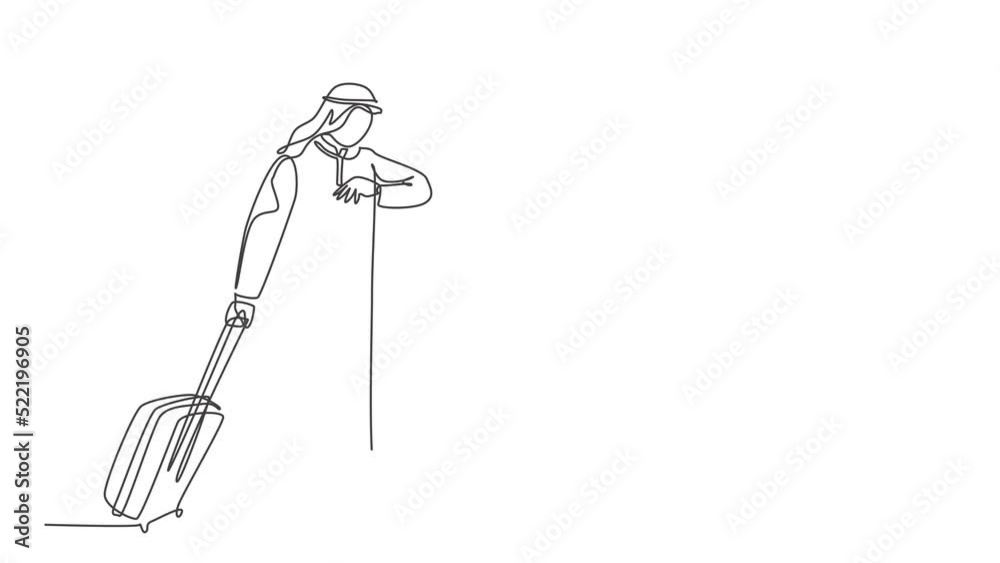 Animated self drawing of continuous line draw male muslim businessman staring the watch while holding travel case. Islamic clothing shemag, kandura, scarf, keffiyeh. Full length single line animation. Animated self drawing of continuous line draw male muslim businessman staring the watch while holding travel case. Islamic clothing shemag, kandura, scarf, keffiyeh. Full length single line animation.
