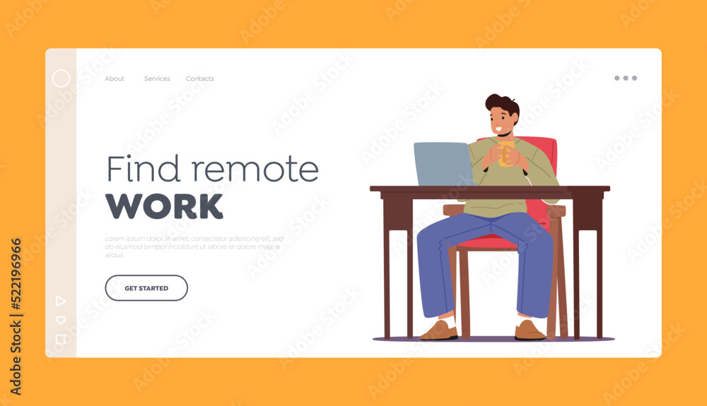 Fototapeta premium Find Remote Work Landing Page Template. Relaxed Man Freelancer Character Sit on Armchair Working Distant on Laptop