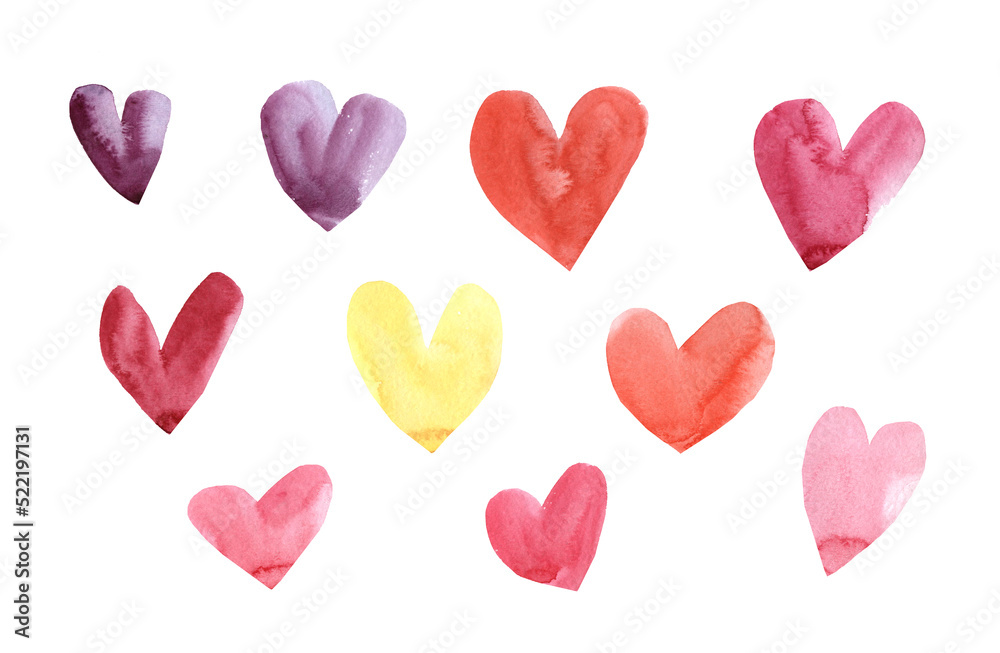 Set of bright hearts, watercolor hearts, pink ,purple, red, abstraction