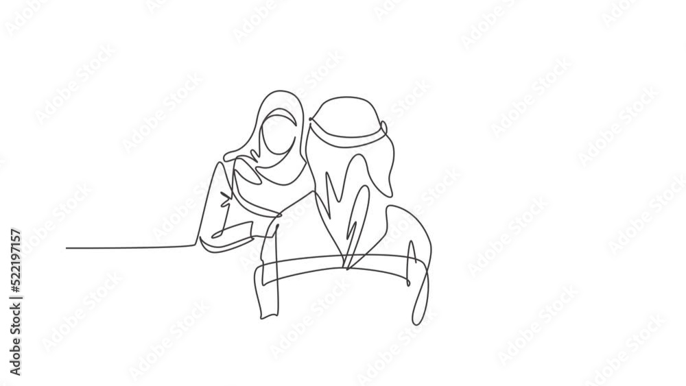 Animation of one line drawing of stratup founder interviewing employee candidate at office. Saudi Arabia cloth kandora, thobe, ghutra, hijab. Continuous line self draw animated. Full length motion. Animation of one line drawing of stratup founder interviewing employee candidate at office. Saudi Arabia cloth kandora, thobe, ghutra, hijab. Continuous line self draw animated. Full length motion.