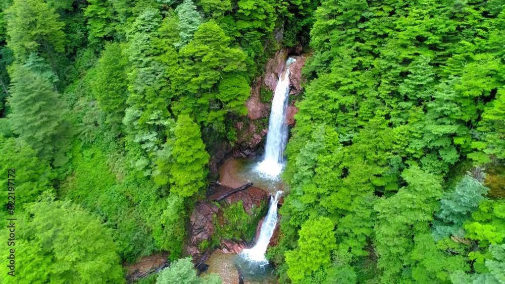 Aerial Backward Scenic Shot Of Waterfall In Green Forest - Puerto Chacabuco, Chile
