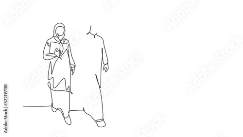 Animated self drawing of continuous line draw happy businessman walking together with his assistant while go to meeting room. Arab middle east woman cloth veil hijab. Full length one line animation. photo