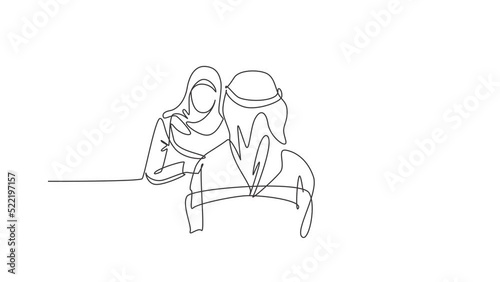 Animation of one line drawing of stratup founder interviewing employee candidate at office. Saudi Arabia cloth kandora, thobe, ghutra, hijab. Continuous line self draw animated. Full length motion. photo