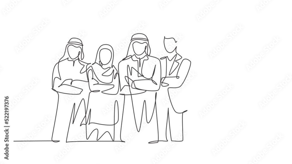 Animated self drawing of continuous line draw group of muslim and multi ethnic businesspeople line up neatly. Islamic clothing shemag, kandura, scarf, hijab, suit. Full length single line animation. Animated self drawing of continuous line draw group of muslim and multi ethnic businesspeople line up neatly. Islamic clothing shemag, kandura, scarf, hijab, suit. Full length single line animation.