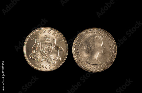 Εκτύπωση καμβά Australia 1962 Sixpence (pre-decimal) silver coin of Queen Elizabeth II in Brilliant Uncirculated condition