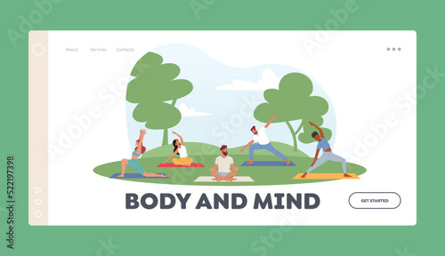 People Doing Exercises in Park Landing Page Template. Characters Outdoor Yoga Activity Concept. Fitness, Workout