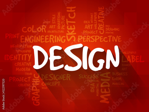 DESIGN - plan or specification for the construction of an object or system or for the implementation of an activity or process, word cloud creative concept background