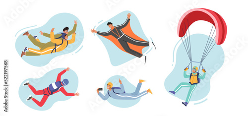 Set Paragliding, Base Jumping and Parachuting Extreme Sport Activities. Skydiver Characters Jump with Parachute