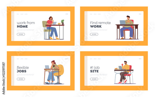 Freelance Landing Page Template Set. Freelancers Working from Home on Pc and Drink Coffee. Outsourced Workers Occupation