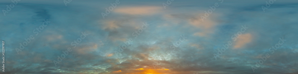 Fototapeta premium Dramatic sunset sky panorama with Cumulus clouds. Seamless hdr 360 pano in spherical equirectangular format. Complete zenith for 3D visualization, game and sky replacement for aerial drone panoramas