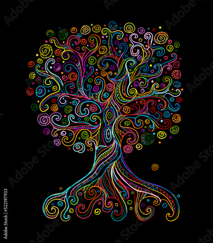 Colorful tree with roots on black background. Concept Art for your design. De...