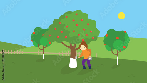 Woman bleaching trees in an apple orchard