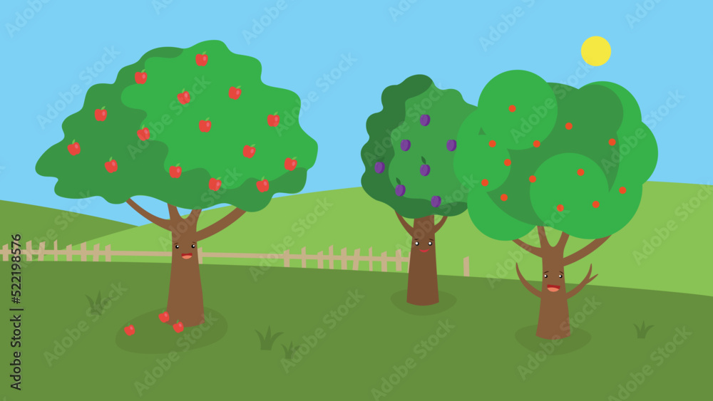 three different fruit trees in the garden three different fruit trees in the garden