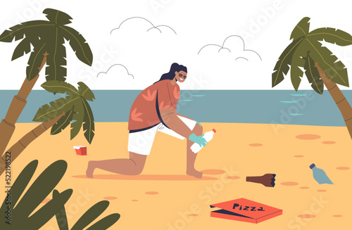 Girl volunteer work on beach cleaning litter and garbage. Young woman help with sea coast cleanup