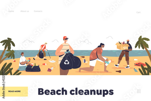 Beach cleanups concept of landing page with people cleaning seaside. Volunteers picking up waste
