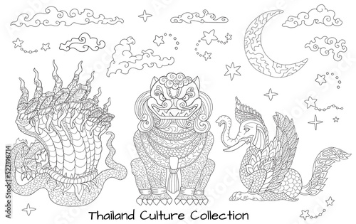 Design set with ethnic Thailand demons and characters, Asian mythology and culture concept