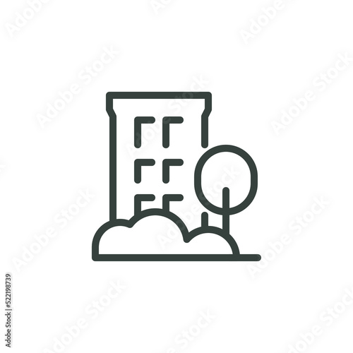 Thin Outline Icon Cozy Multi-Storey Building, House with Park. Such Line sign as Real Estate, House or Home. Thin Vector Computer Isolated Pictograms for Web on White Background Editable Stroke.