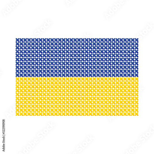 Vector image of embroidery style yellow and blue Ukrainian flag. Cross-stitched flag of Ukraine illustration on white background. 