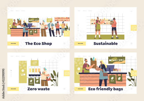Eco friendly bags and zero waste concept of organic store on template landing pages set with shops