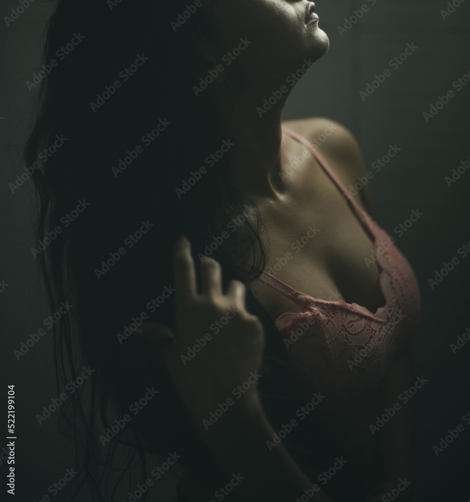 Obraz premium Brunette woman in toilet wearing pink bra underwear. Lifestyle