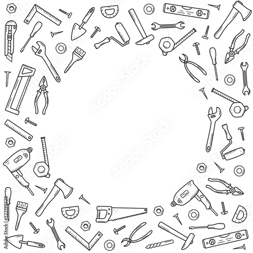 Construction tools, doodle vector set of repair elements, cartoon icons.