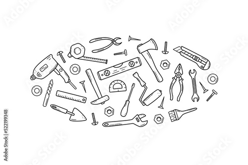 Construction tools, doodle vector set of repair elements, cartoon icons.