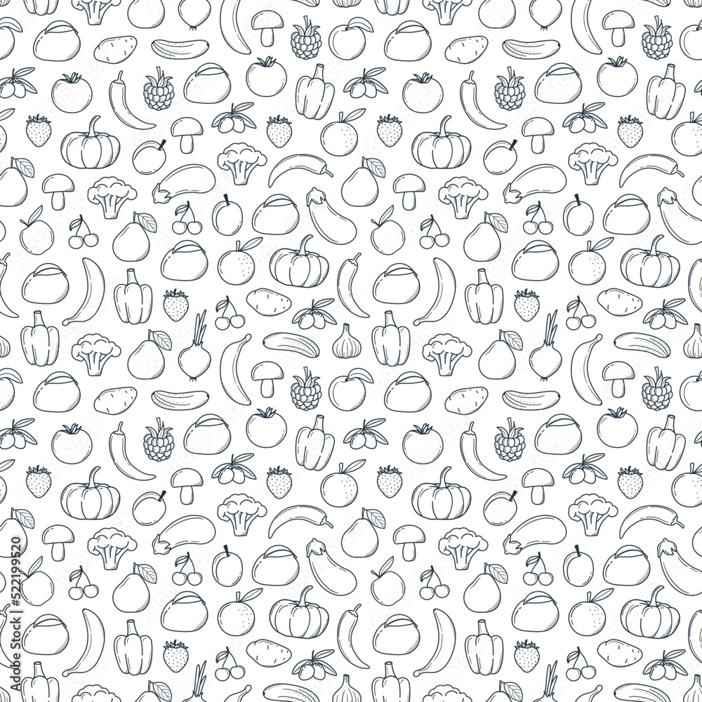 Seamless pattern fruits, vegetables in doodle style. monochrome pattern
