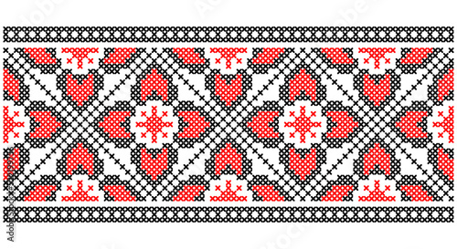 Ukrainian, folk art vector seamless pattern, retro monochrome long cross-stitch ornament inpired by folk art - Vyshyvanka. Slavic traditional black and white ornament from Eastern Europe photo