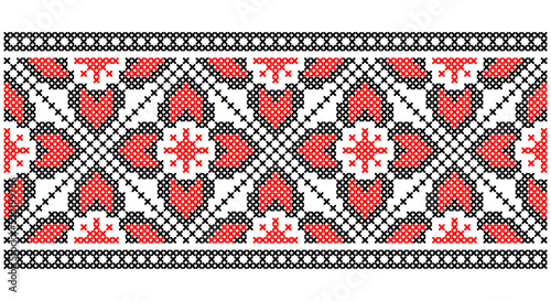 Ukrainian, folk art vector seamless pattern, retro monochrome long cross-stitch ornament inpired by folk art - Vyshyvanka. Slavic traditional black and white ornament from Eastern Europe