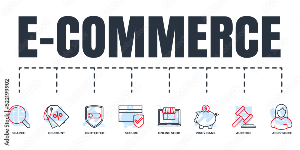 E commerce banner web icon set. piggy bank, search, secure, protected shield, auction, online shop, discount, assistance vector illustration concept E commerce banner web icon set. piggy bank, search, secure, protected shield, auction, online shop, discount, assistance vector illustration concept